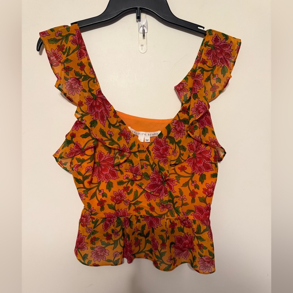 Veronica Beard Yellow Floral Ruffle Peplum Top S - Picture 4 of 5